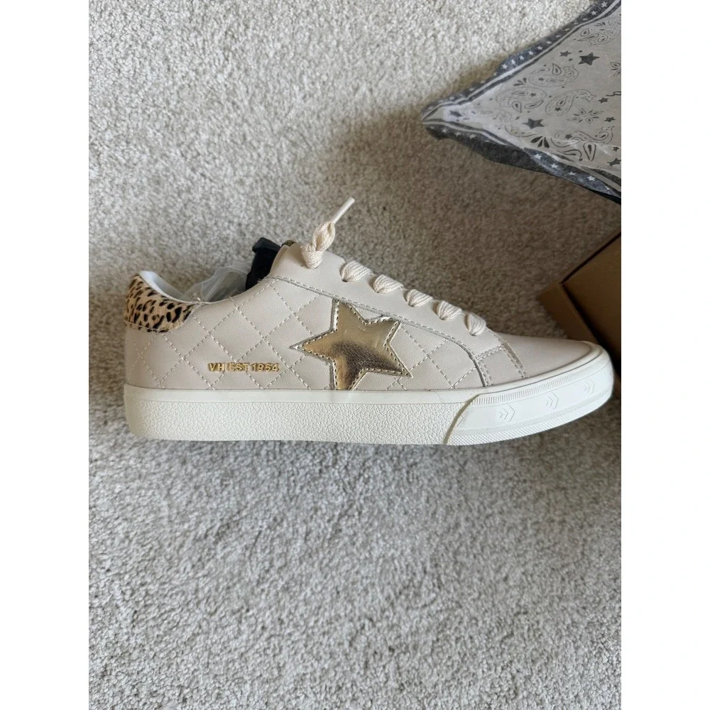 Vintage Havana Womens Quilted Star Sneakers Cream Gold Leopard‎ Size 8.5 NEW